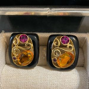 Vintage 80’s Black, gold, rhinestone earrings